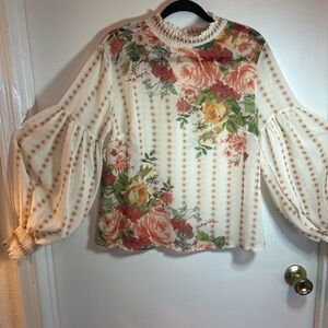 Chicwish Floral Puff Sleeve Blouse in Cream and Red